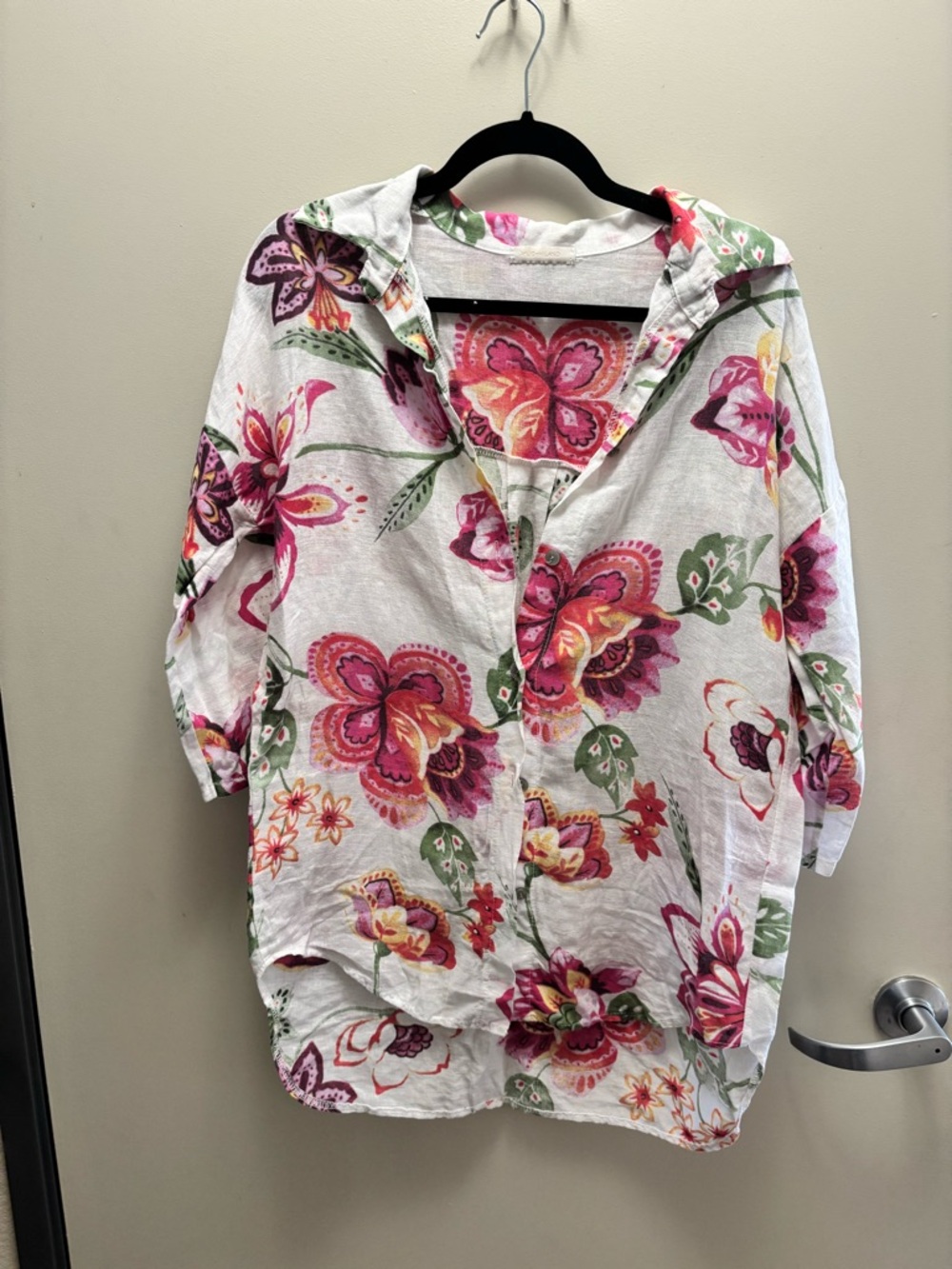 Womens 100% Linen Floral Button-Down Shirt - White with Pink & Green